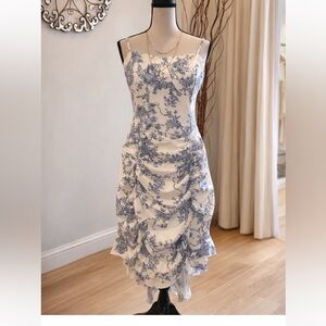 Blue Floral Ruched Slip Dress - Women's Elegant Summer Dress